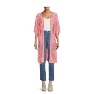 Light Pink Lace Trim Sheer Kimono Cardigan - Women